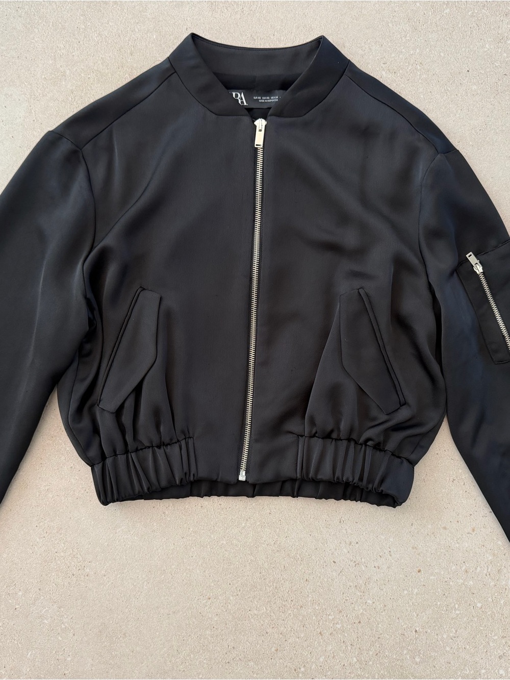 Zara Black Cropped Bomber Jacket with Front Zip, Size XS